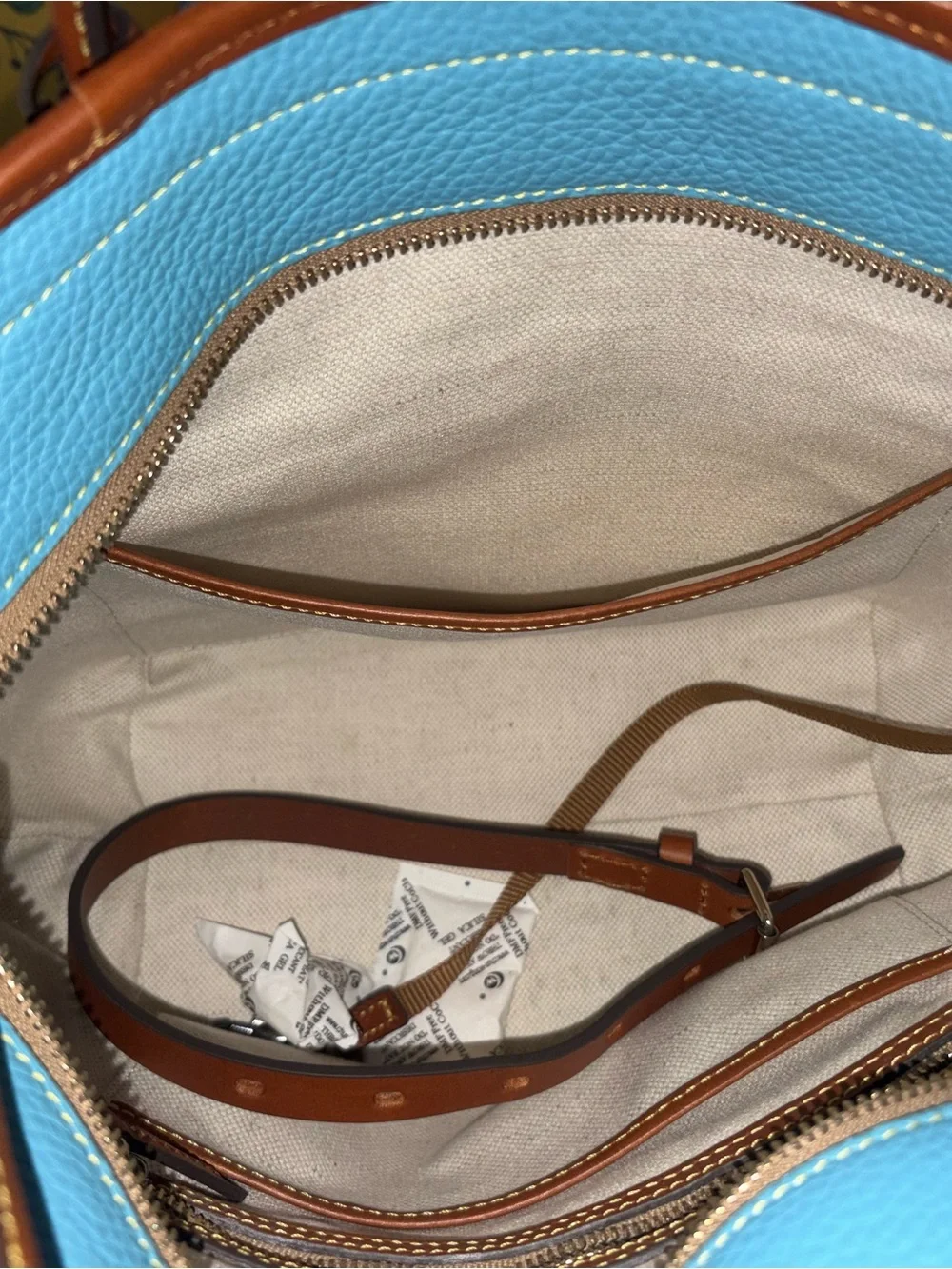 Dooney & Bourke Pebble Leather Tote Bag in Sky Blue with Brown Trim